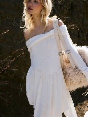 Free People Ivory Cowl Neck Tunic Dress Long Sleeve Asymmetrical Hem Boho Size S